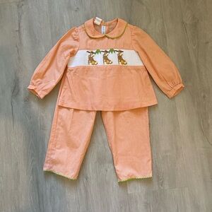 Orange and White Check Hand Smocked  Girls Top and Elastic Waist Capri Pants 3T